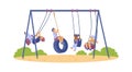 Several happy kids swinging on swing, bungee in park at playground in flat Royalty Free Stock Photo