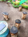 several hardwood logs used as seats in the garden