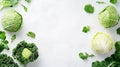 Several heads of fresh cabbage, including green and curly varieties, are displayed on a pristine white background Royalty Free Stock Photo