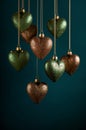 Hanging Heart Ornaments in Green and Bronze Against a Teal Background for Festive Decor Royalty Free Stock Photo
