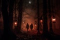 Horror haunted ghost figures walking on forest trail. Generative AI