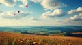 Several hot air balloons flying in the sky over a field. Generative AI image. Royalty Free Stock Photo