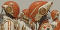 Several humanoid robots with futuristic design, featuring large, rounded helmets in orange and white Royalty Free Stock Photo