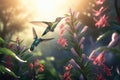 Several hummingbirds buzzing around flowers in a jungle created with generative AI technology