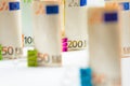 Several hundred euro banknotes. Euro banknotes random stacked. Royalty Free Stock Photo