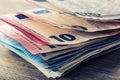 Several hundred euro banknotes stacked by value. Euro money concept. Euro banknotes. Euro money. Euro currency. Banknotes stacked Royalty Free Stock Photo