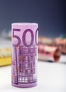 Several hundred euro banknotes stacked by value. Euro money concept. Rolls Euro banknotes. Euro currency. Royalty Free Stock Photo