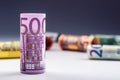 Several hundred euro banknotes stacked by value. Euro money concept. Rolls Euro banknotes. Euro currency. Royalty Free Stock Photo