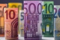 Several hundred euro banknotes stacked by value. Euro money concept. Rolls Euro banknotes. Euro currency. Royalty Free Stock Photo