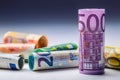 Several hundred euro banknotes stacked by value. Euro money concept. Rolls Euro banknotes. Euro currency. Royalty Free Stock Photo