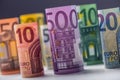 Several hundred euro banknotes stacked by value. Euro money concept. Rolls Euro banknotes. Euro currency.