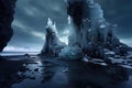 Several icebergs drift on the surface of the water in this captivating image., Minimalist photography, ice ruins, intricate, night