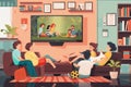 Several individuals sitting around a living room, watching television together, A cozy living room filled with family members