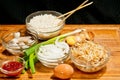 Several ingredients to make shrimp fried, rice
