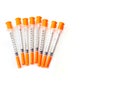 Several insulin syringes for for injection white isolated background Royalty Free Stock Photo