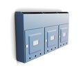 Several iron mailboxes on a white background. 3d rendering Royalty Free Stock Photo