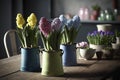 Several iron multicolored pots with a variety of flowering hyacinths stand on the table on kitchen