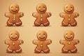 Several isolated gingerbread cookies with wintry glazes and smiles, evoking holiday spirit, six pastry presented against