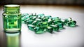 Several isolated green medical capsules lie on a light glossy surface