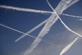 JET AIRCRAFT VAPOUR TRAILS IN CLEAR BLUE SKY