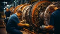 Several jet engines being maintained by the professionals. Three men wearing blue uniform work with aircraft detail. Generative AI Royalty Free Stock Photo