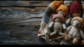 Several knitted dolls in basket on wooden surface Royalty Free Stock Photo
