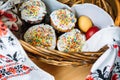 Several Kulich, a traditional Russian Easter bread with meringue and colorful sprinkles eggs on towel in the basket Royalty Free Stock Photo