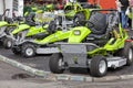 Several lawnmowers exhibited at a fair Royalty Free Stock Photo