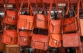 Several leather hand bags up for sale in street market , Jaipur, India Royalty Free Stock Photo