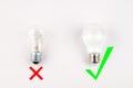 Several LED energy saving light bulbs over the old incandescent, use of economical and environmentally friendly light Royalty Free Stock Photo