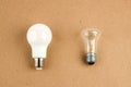 Several LED energy saving light bulbs over the old incandescent, use of economical and environmentally friendly light Royalty Free Stock Photo