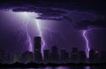 several lightning strikes during a strong thunderstorm over the city Royalty Free Stock Photo