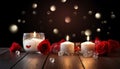 Several lit white candles along with red rose flowers on blurred background and natural wood table. Generative AI Royalty Free Stock Photo