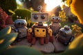 Several little cute robots in the grass. AI generated