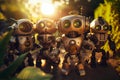 Several little cute robots in the grass. AI generated