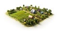 Several little houses on the land with green meadows and agriculture around created with Generative AI