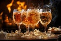 Several long-stemmed glasses filled with amber-colored beverages are placed on a wooden table with a blurry bonfire in the