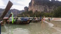 Several Long tail boat in sunset in Railay Beach, Thailand Royalty Free Stock Photo