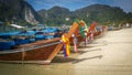 Several Long tail boat in sunset in Railay Beach, Thailand Royalty Free Stock Photo
