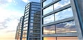 Several low-rise apartment building against the cloudy sky in the morning. Concrete facade finishing looks nice with large