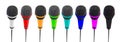 Several microphones aligned and colored.