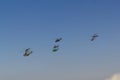 Several military helicopters flying in the summer sky