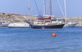 Several motor docked nautical boat at blue sea on summer day