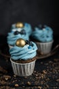 Several muffins or cupcakes with blue shaped cream and blueberrieson at black table. Rustic style copyspace