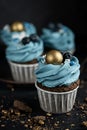 Several muffins or cupcakes with blue shaped cream and blueberrieson at black table. Rustic style copyspace.