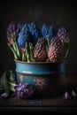 Several multicolored flowering hyacinths stand in an old ceramic pot on the table