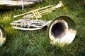 Several musical wind instruments of a trumpet orchestra.