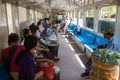People riding the circle line train in Yangon