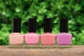 Several nail polish bottles in spring garden. Set of pink nail polish bottles on wooden desk on green leaves background Royalty Free Stock Photo