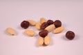 several nuts almonds and hazel on a white background in a chaotic close-up Royalty Free Stock Photo
